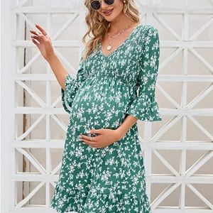 Maternity Short Sleeve Ruffle Dress V Neck Floral Smocked Flowy Midi Dress Green